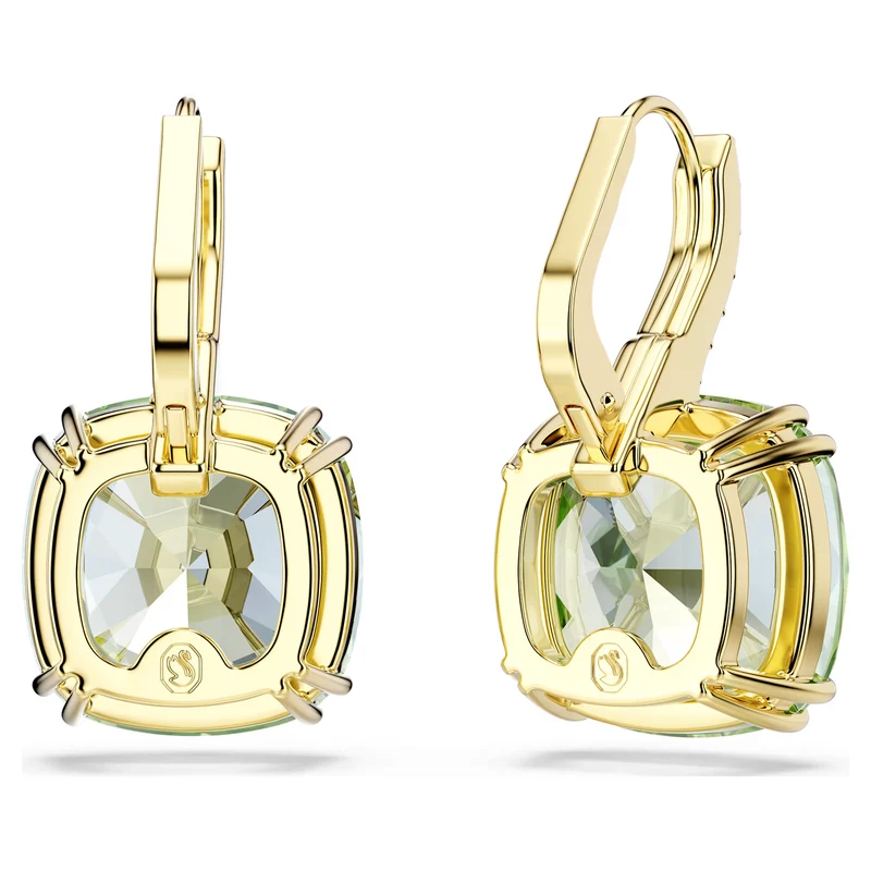 Millenia Drop Earrings with Cushion Cut Green Crystal in 18ct Yellow Gold Finish