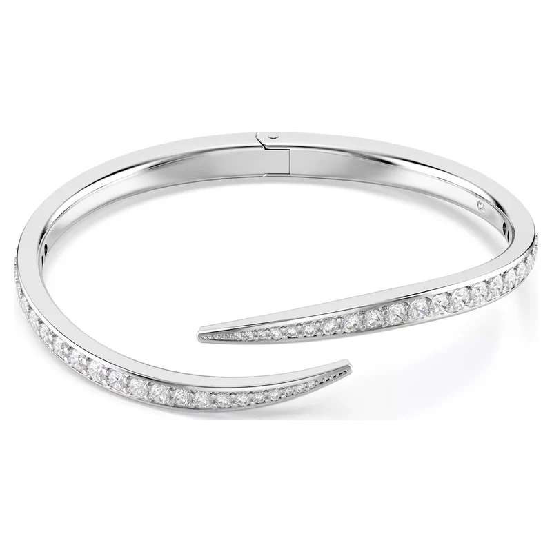 Vienna Swan Open Bangle with Round Cut White Crystal in Rhodium Silver