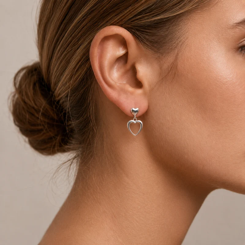 Silver Double Love Heart Drop Earrings