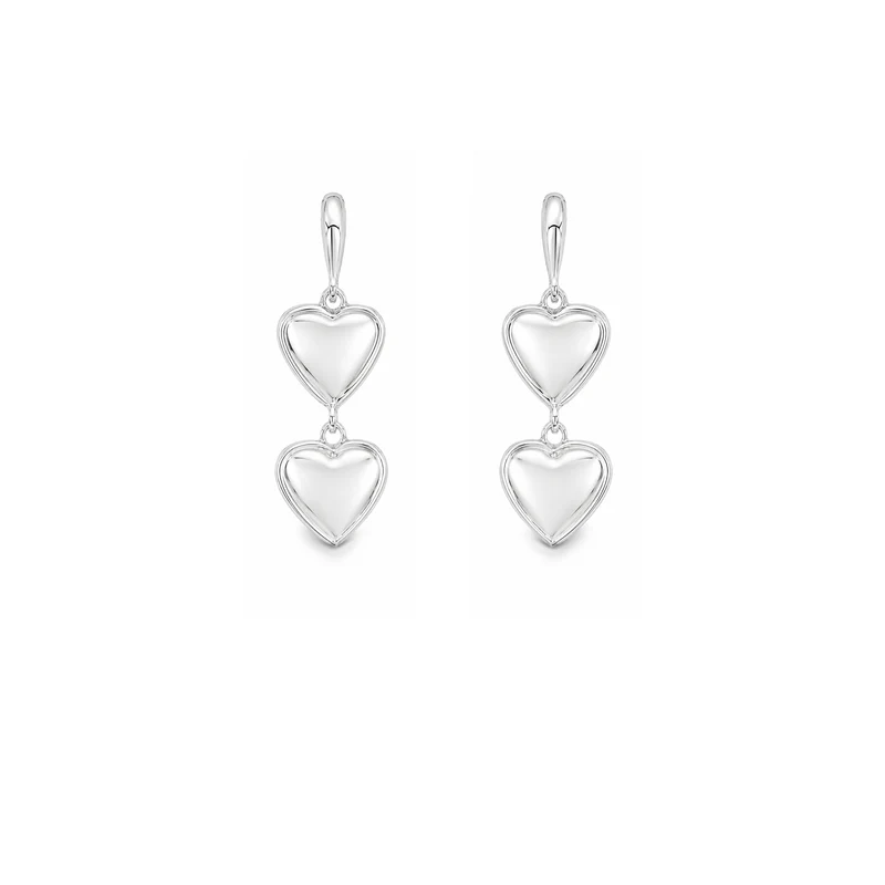 Silver High Shine Double Drop Hearts Stud Earrings