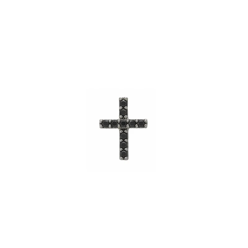 Men's Rhodium Plated Silver & Black CZ Cross Single Stud Earring