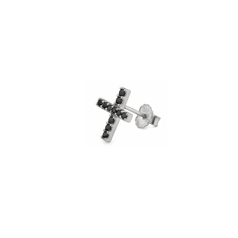 Men's Rhodium Plated Silver & Black CZ Cross Single Stud Earring