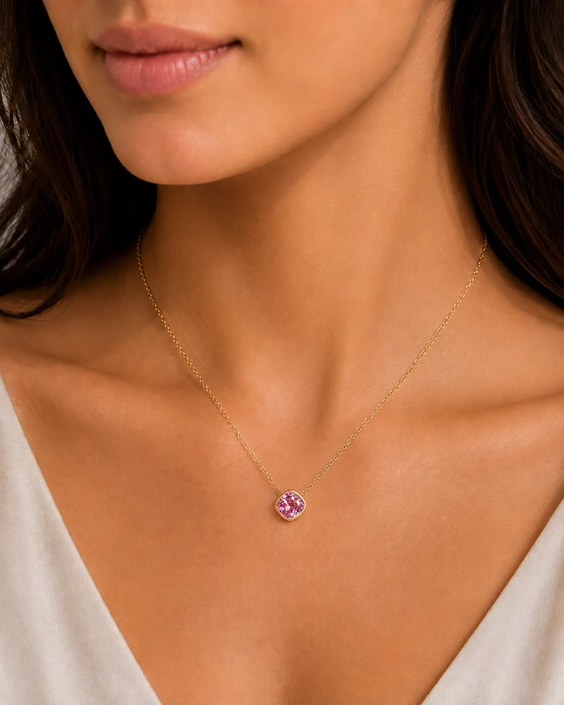 Gold Plated and Pink CZ October Birthstone Pendant Necklace