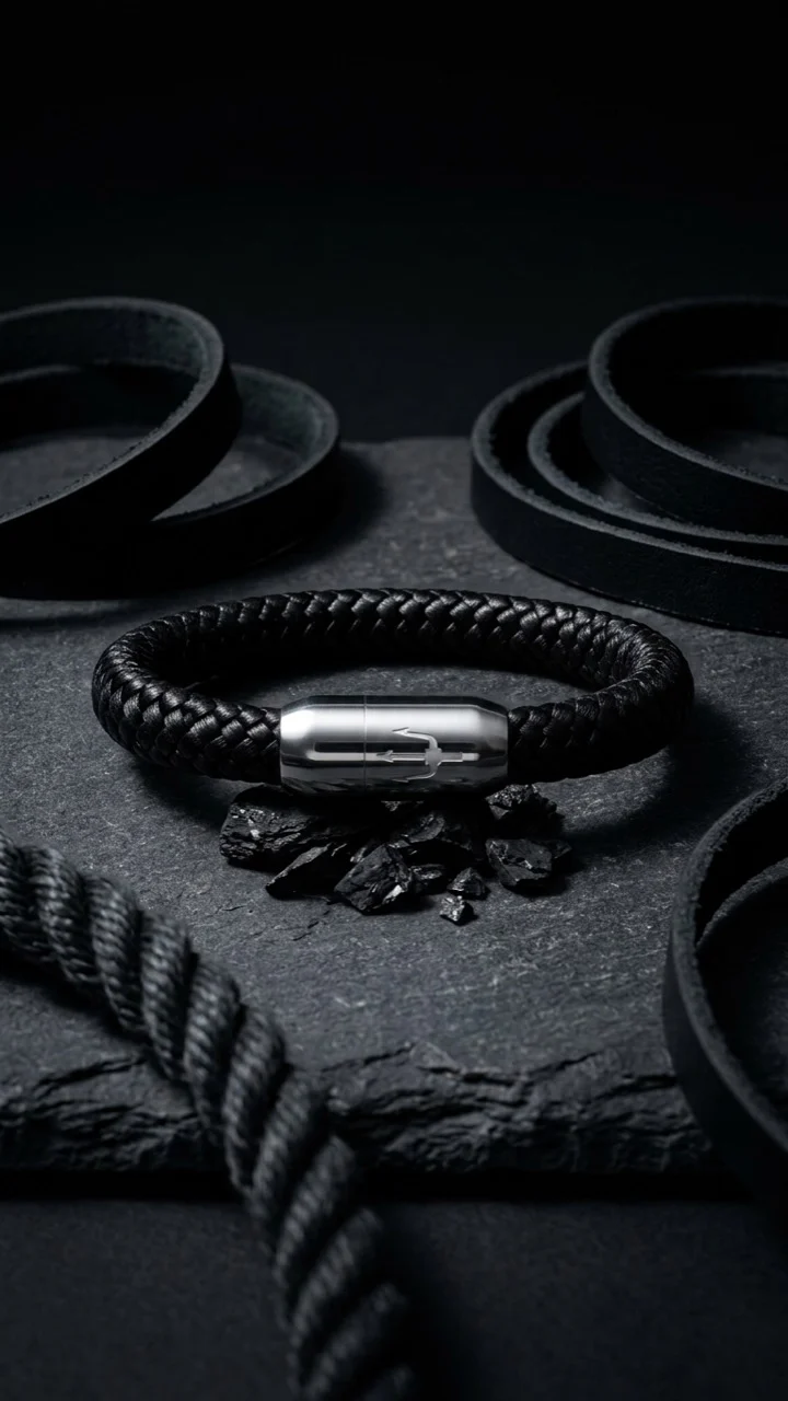 Nautic Force – Midnight Steel | Segeltauarmband Herren Schwarz 8mm