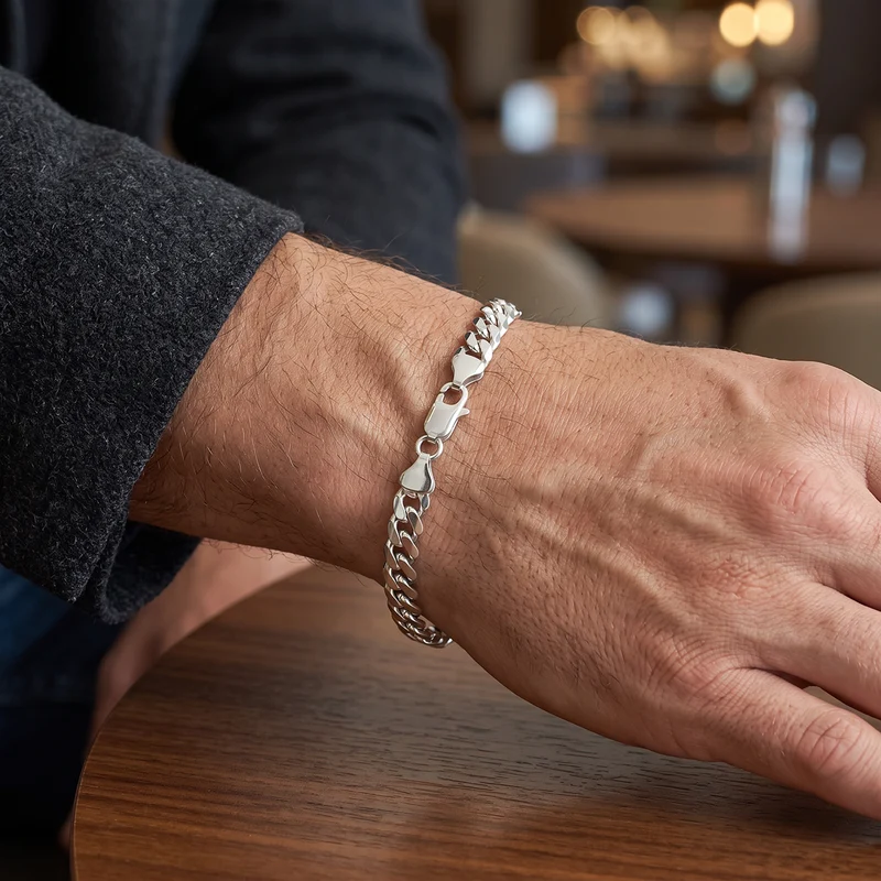 Men's Silver Curb Link Chain Bracelet, 21cm