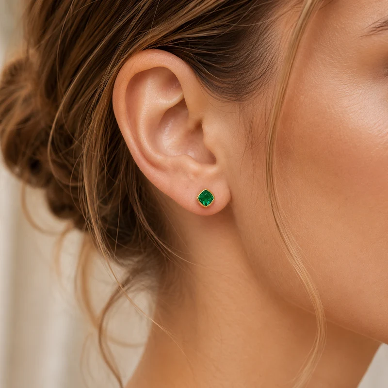 Gold Plated and Emerald Green CZ May Birthstone Stud Earrings