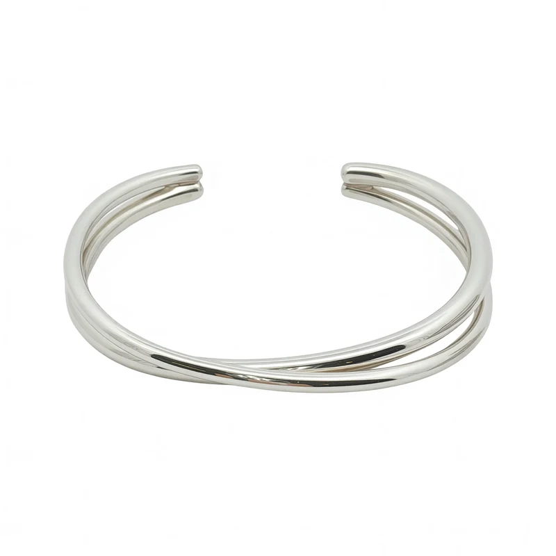 Solid Silver Open Cross Over Band Bangle