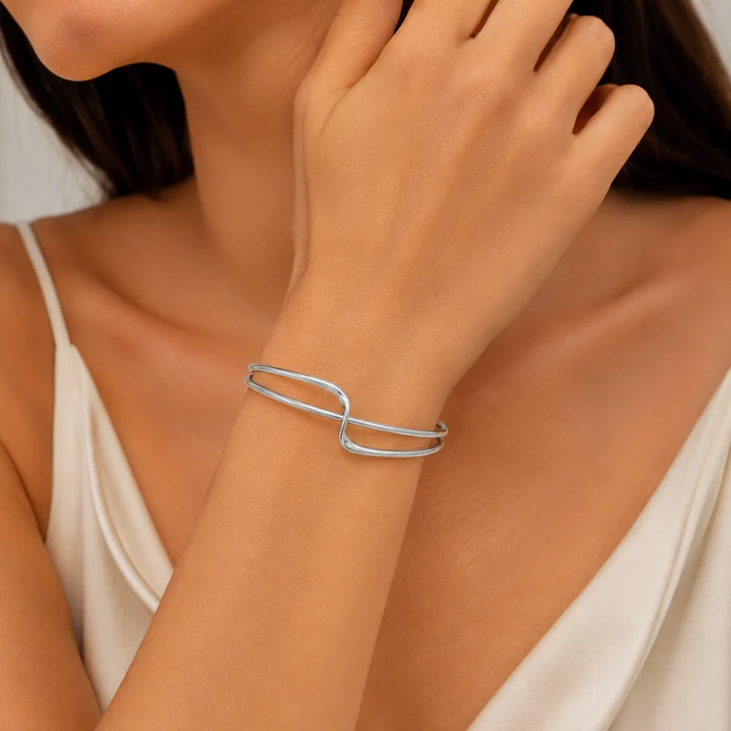 Solid Silver Double Wave Bangle