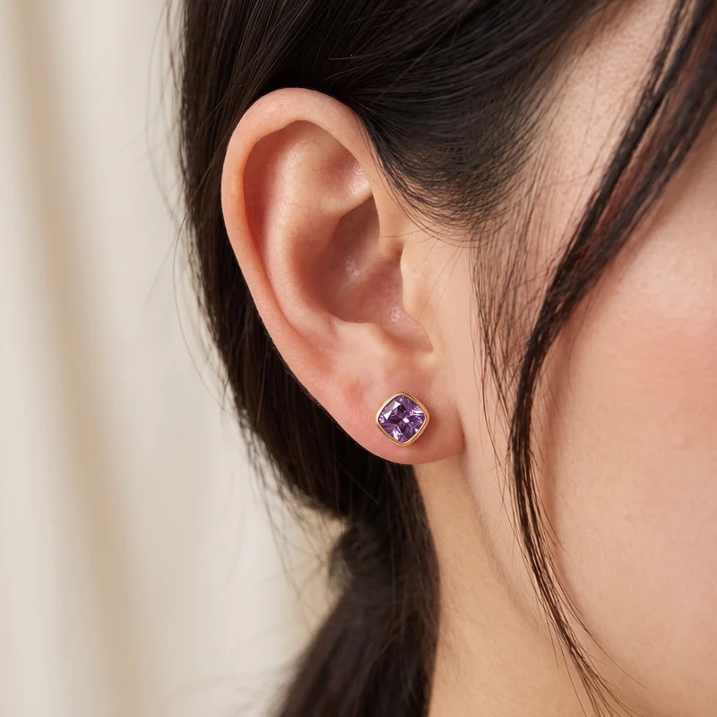 Gold Plated and Amethyst CZ February Birthstone Stud Earrings