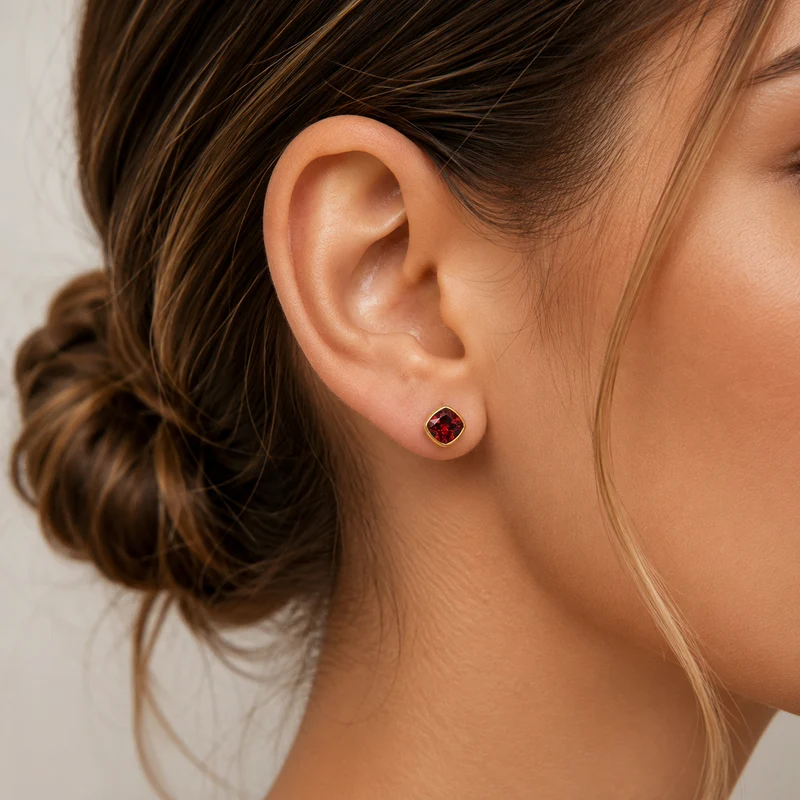 Gold Plated and Red Garnet CZ January Birthstone Stud Earrings