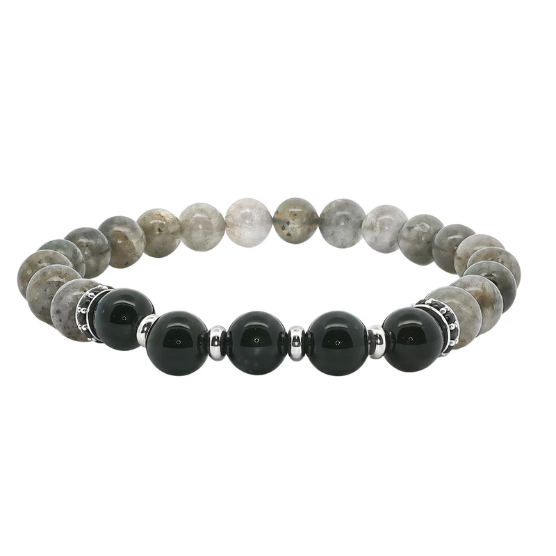 Men's Grey Stone & Black Beaded Bracelet with Black CZ Spacers, 22cm