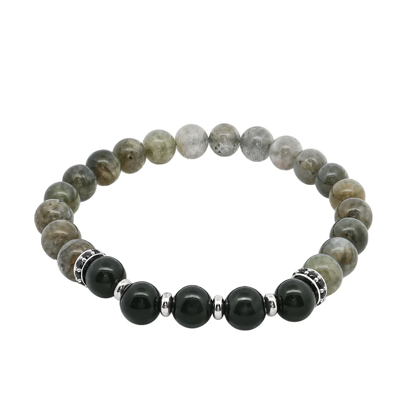 Men's Grey Stone & Black Beaded Bracelet with Black CZ Spacers, 22cm