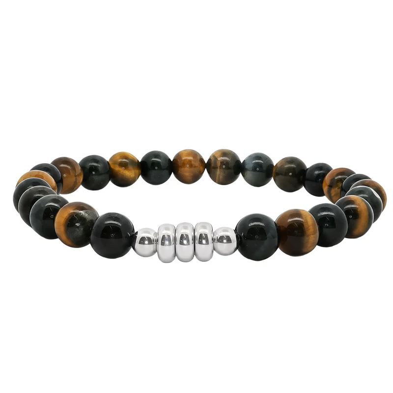 Men's Black and Brown Tiger Eye Beaded Bracelet with Silver Centre Piece, 22cm