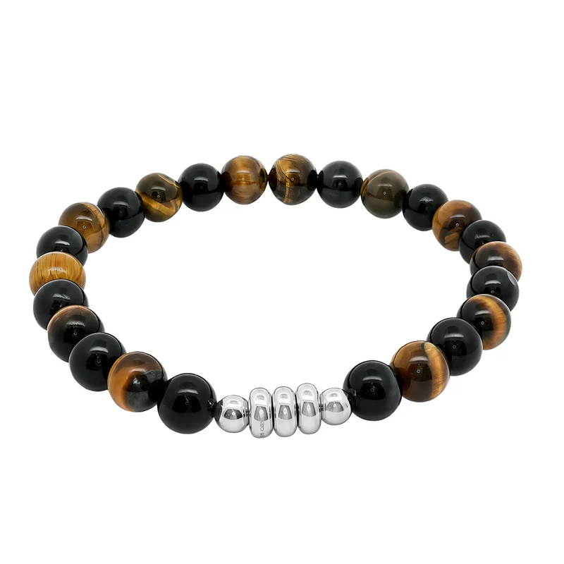 Men's Black and Brown Tiger Eye Beaded Bracelet with Silver Centre Piece, 22cm