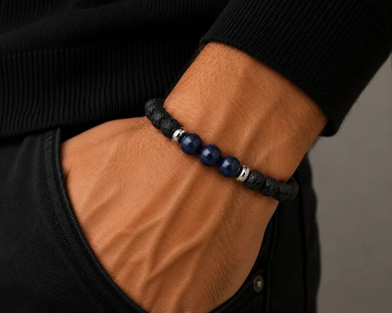 Men's Blue Lapis and Lava Beaded Bracelet, 22cm