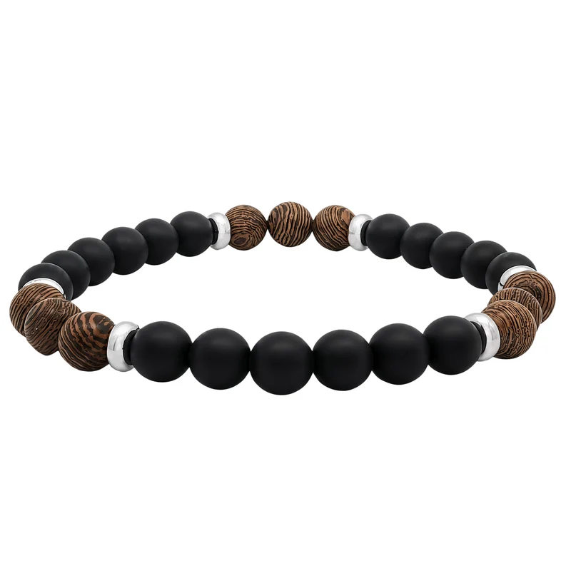 Men's Black Onyx and Wood Beaded Bracelet, 22cm
