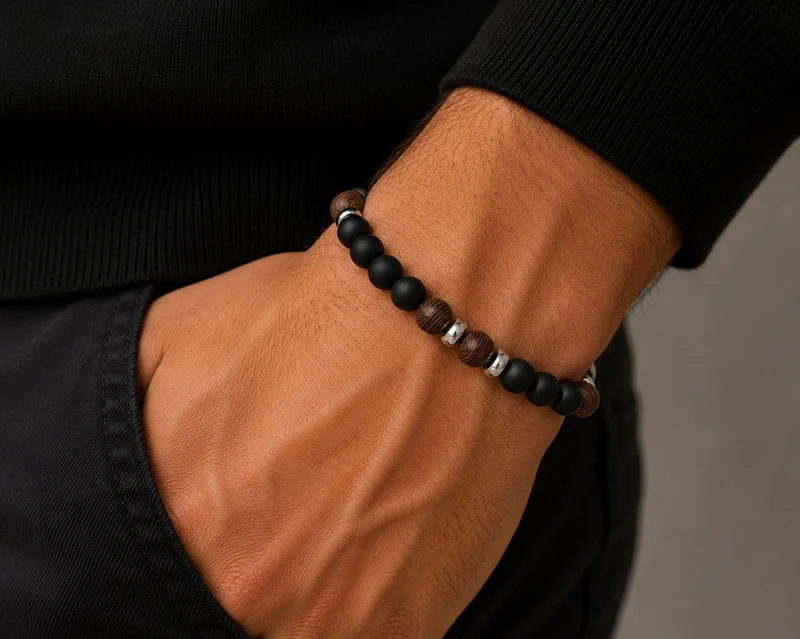 Men's Black Onyx and Wood Beaded Bracelet, 22cm