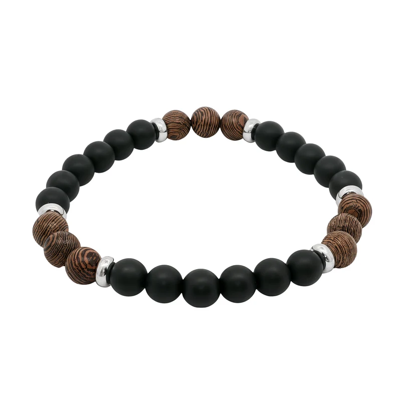 Men's Black Onyx and Wood Beaded Bracelet, 22cm
