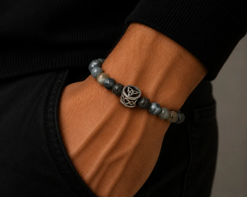 Men's Lapis, Labordorite and Lava Beaded Bracelet Featuring a Celtic Symbol