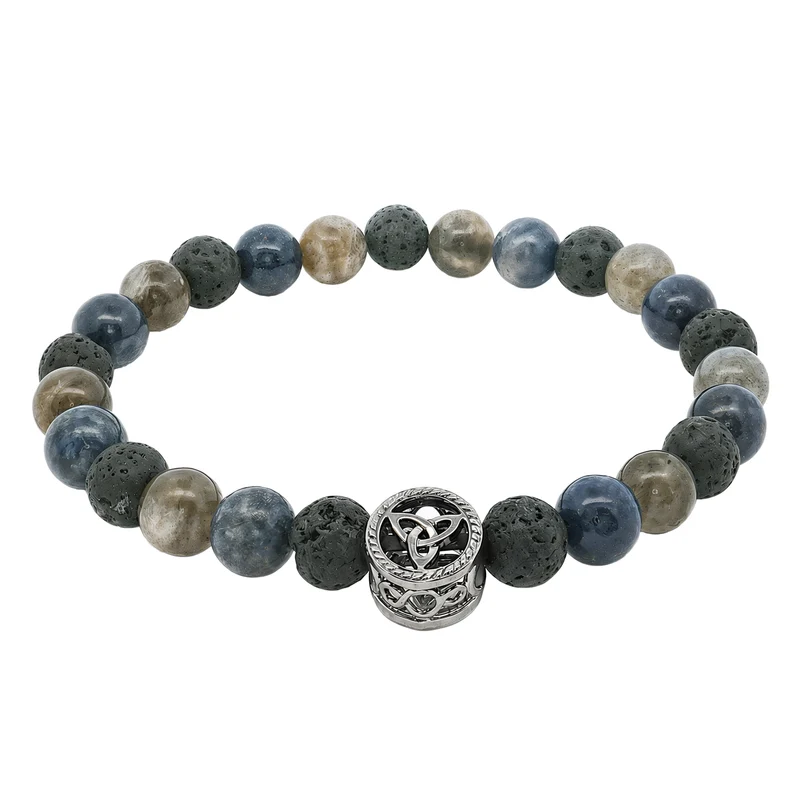 Men's Lapis, Labordorite and Lava Beaded Bracelet Featuring a Celtic Symbol