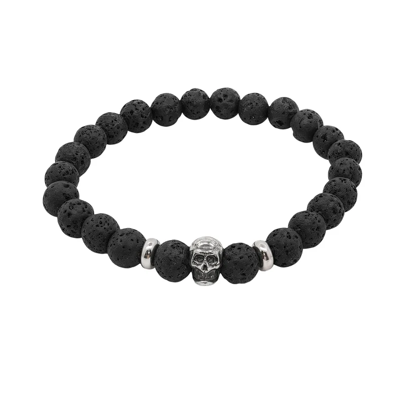 Men's Lava Beaded Bracelet Featuring a Silver Skull, 22cm