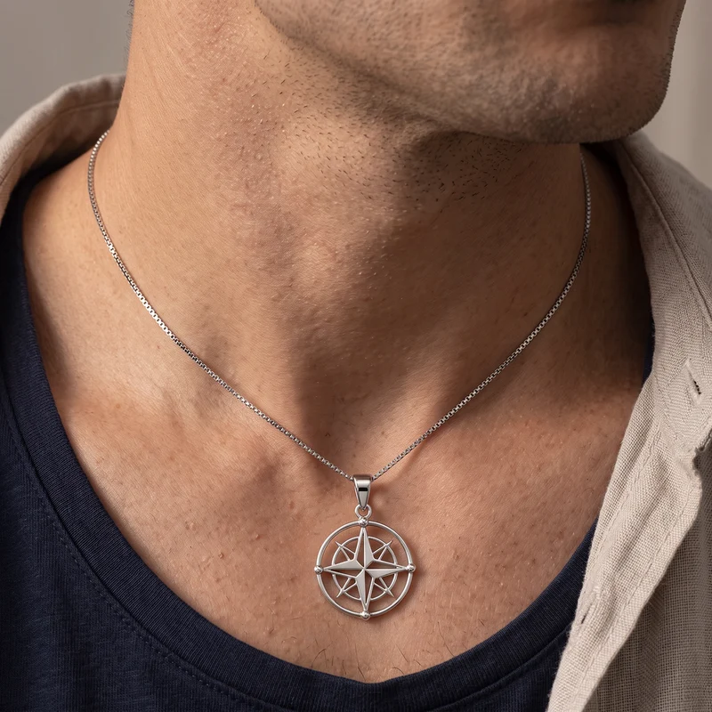 Silver Disc Compass Pendant Necklace