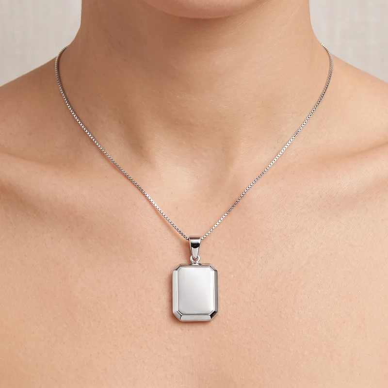 Silver Rectangle Locket Pendant Necklace, 45cm
