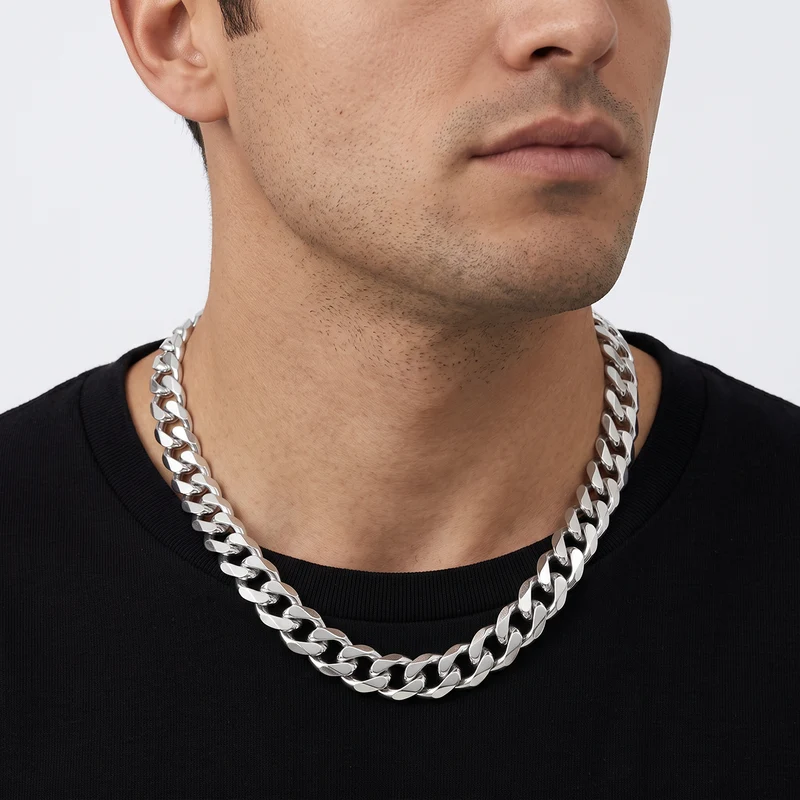 Men's Chunky Heavy Diamond-Cut 9.5mm Flat Curb Chain Necklace, 55cm