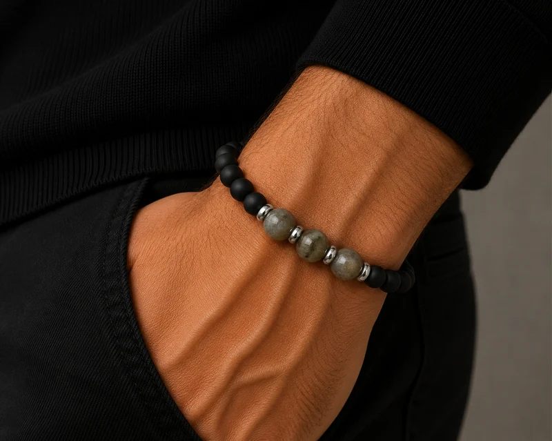 Men's Labodorite Grey and Matt Onyx Beaded Bracelet, 22cm