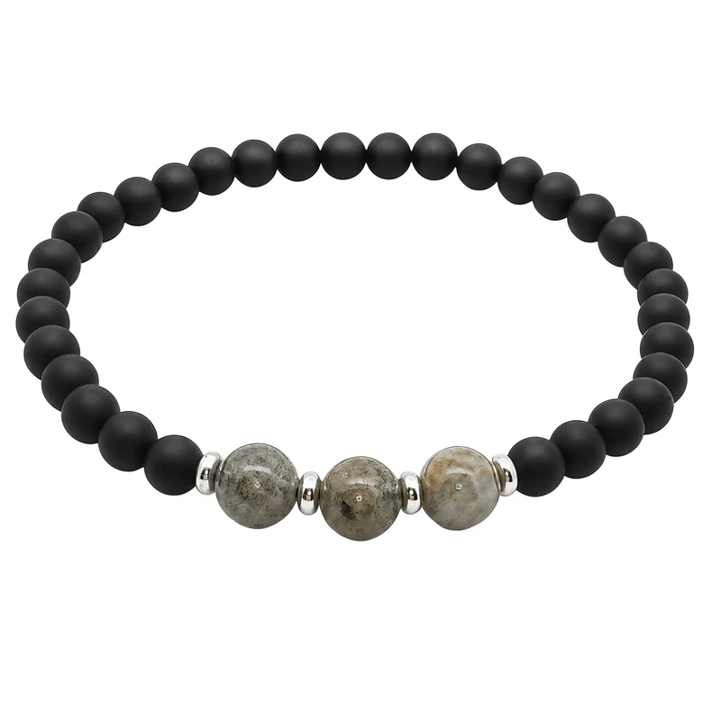 Men's Labodorite Grey and Matt Onyx Beaded Bracelet, 22cm