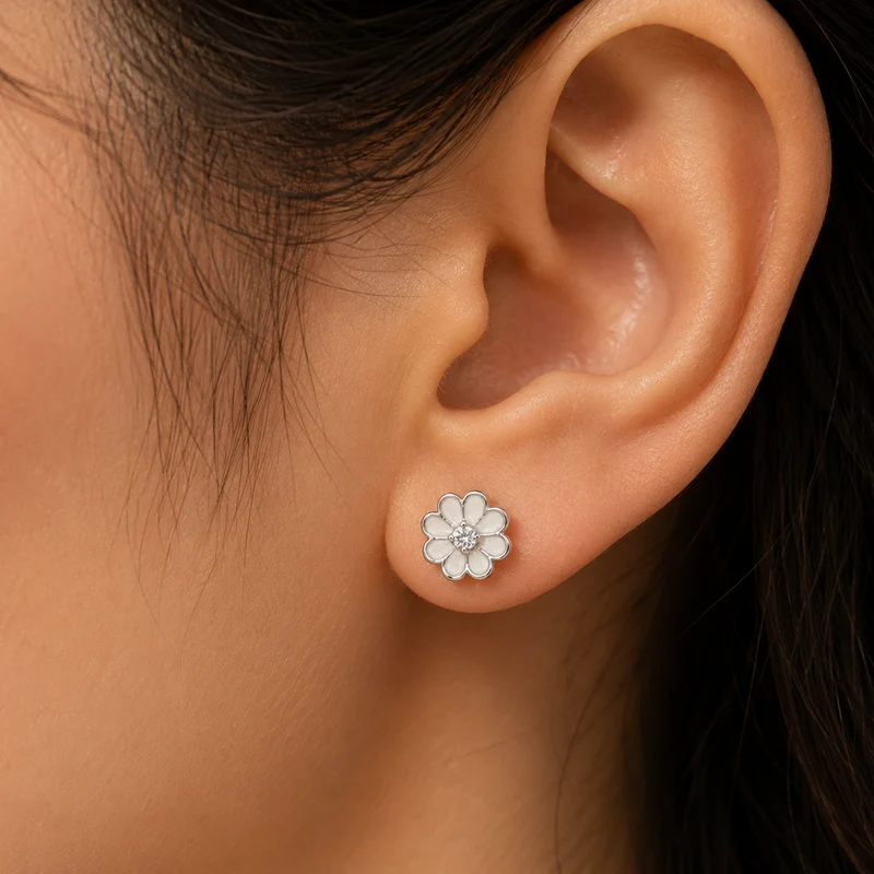 Silver & Enamel Flower Stud Earrings