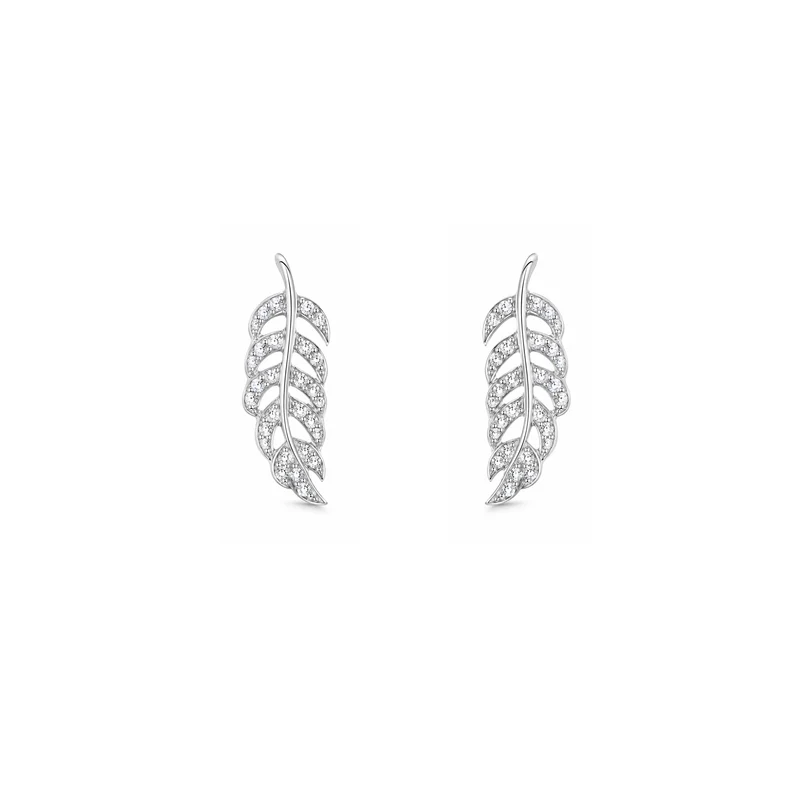 Silver & CZ Pave Feather Stud Earrings