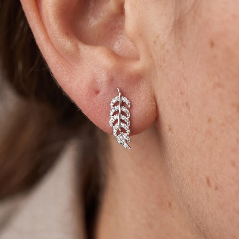 Silver & CZ Pave Feather Stud Earrings
