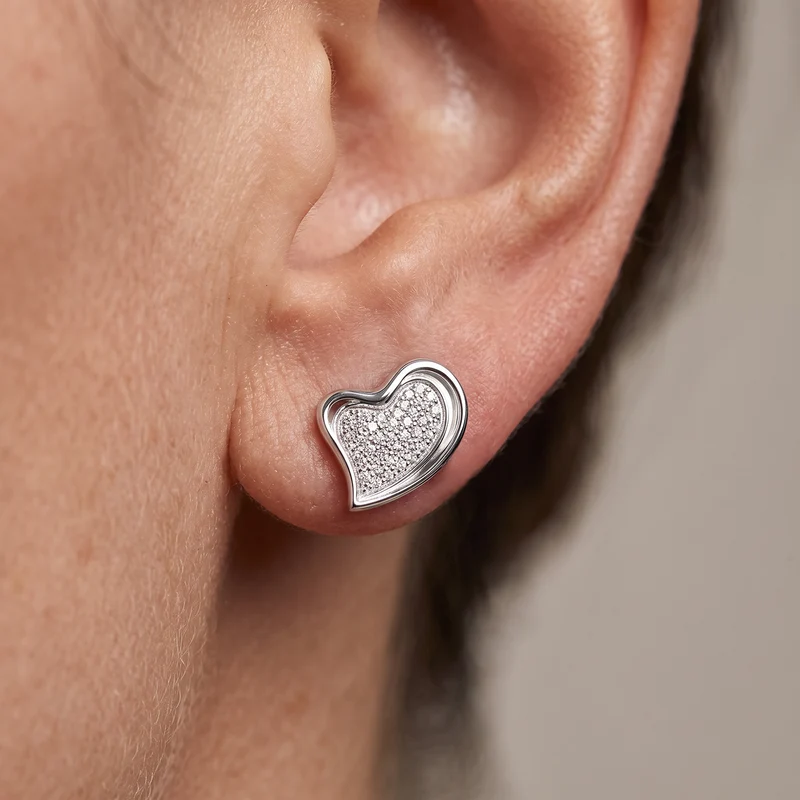Silver Slanted CZ Heart Stud Earrings