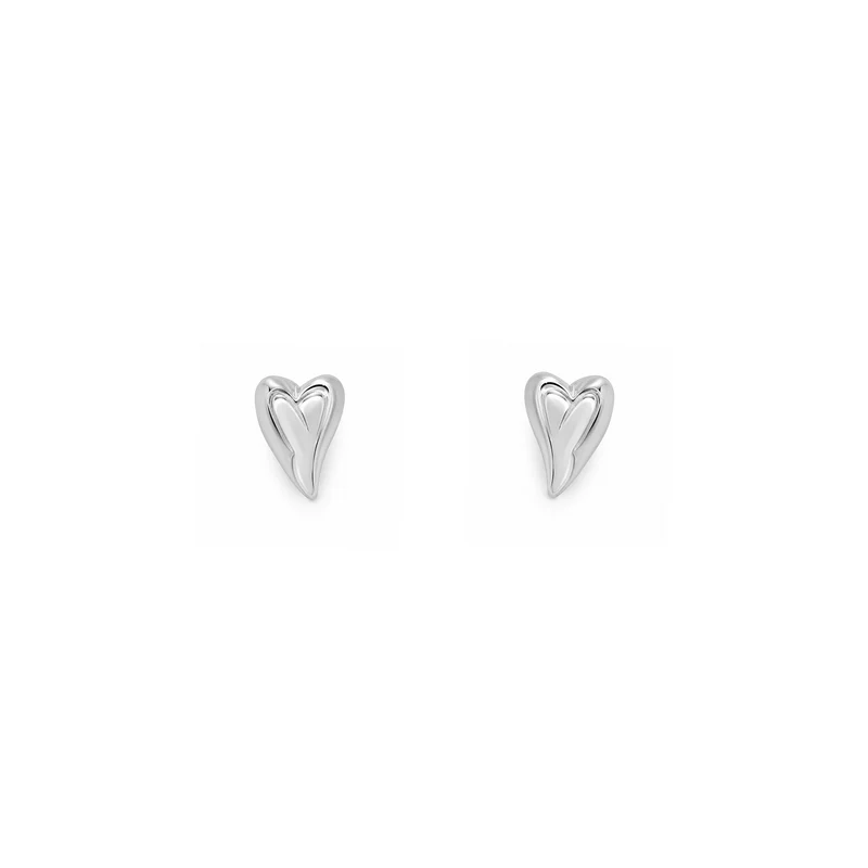 Silver Polished Slanted Heart Stud Earrings