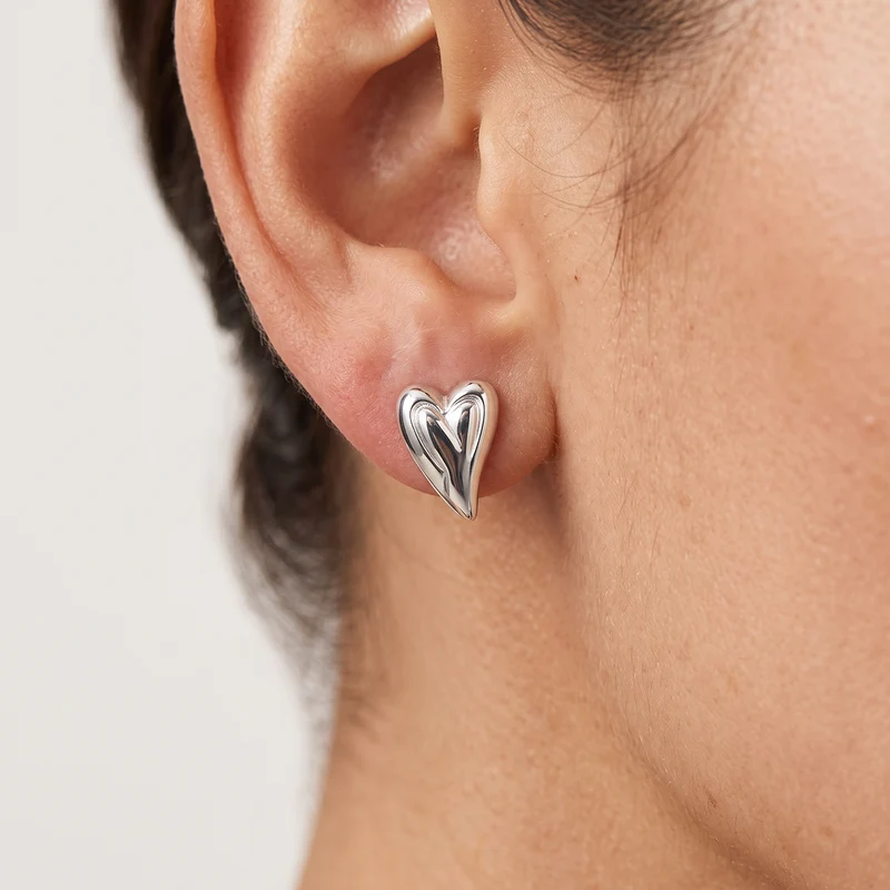 Silver Polished Slanted Heart Stud Earrings