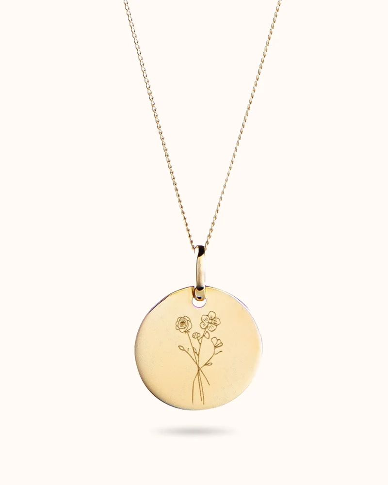 14k Geboortebloem Boeket Coin Ketting - Gepersonaliseerde Ketting - 15mm