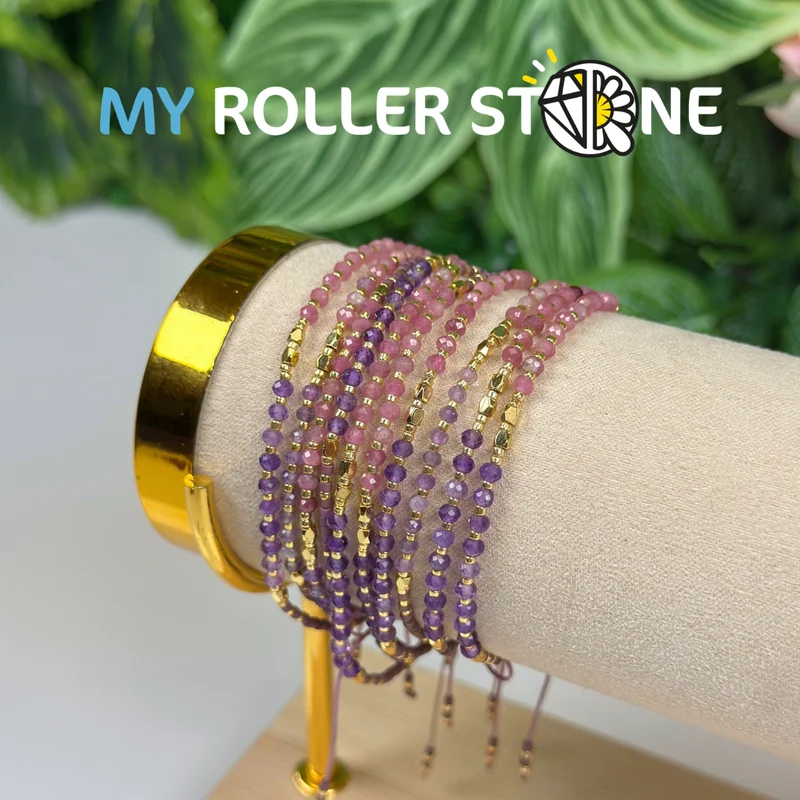 Verstellbares Armband mit Amethyst und rosa Turmalin