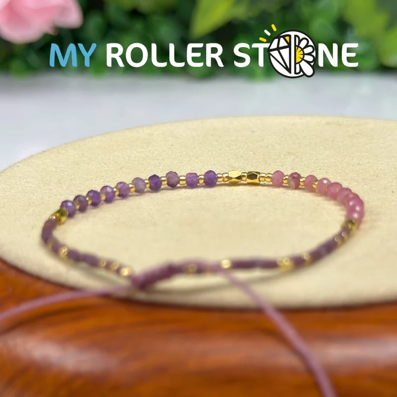 Verstellbares Armband mit Amethyst und rosa Turmalin