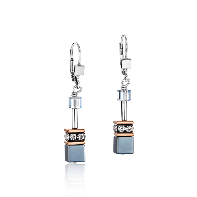 GeoCUBE Earrings in Silver with Rose Gold & Ice Blue