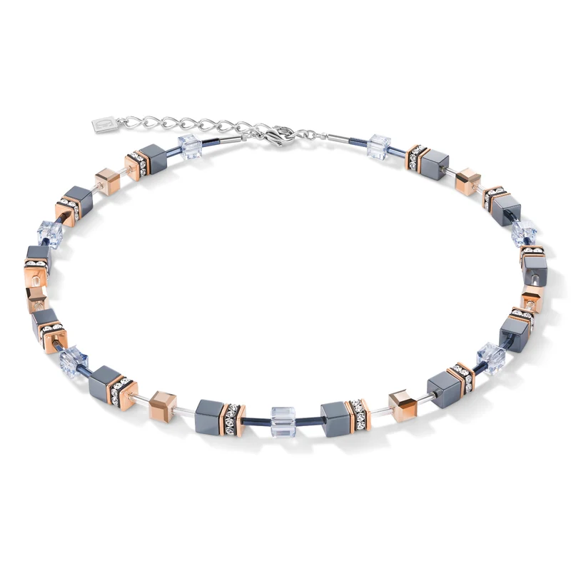 GeoCUBE Necklace in Silver with Rose Gold & Ice Blue
