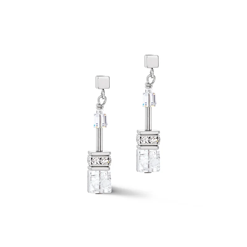 GeoCUBE Iconic Nature Earrings in Silver & Clear White