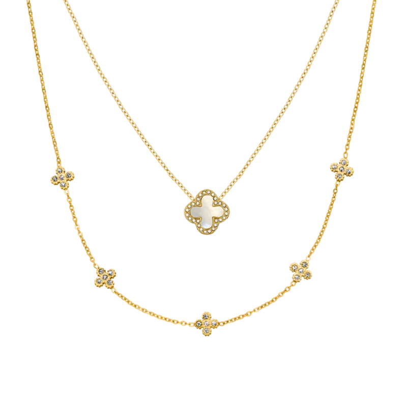 Pave Lucky Leaf Ketten Set 14K Vergoldet