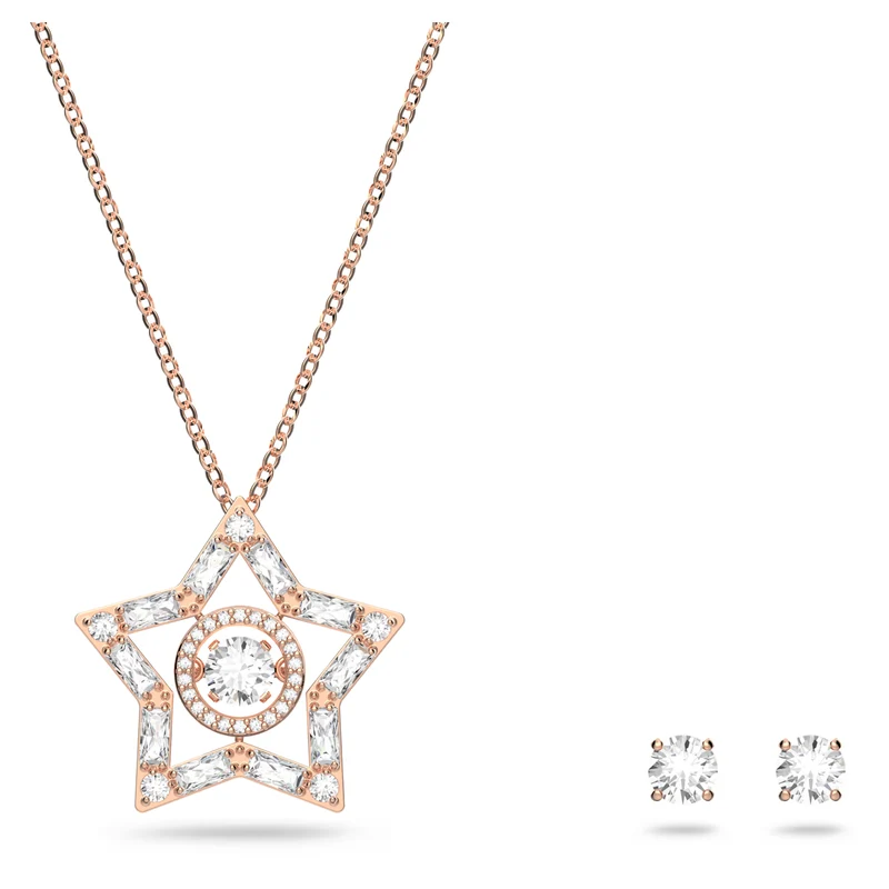 Stella Star Necklace & Earrings Set with Mixed-Cut White Crystal in Rose Gold