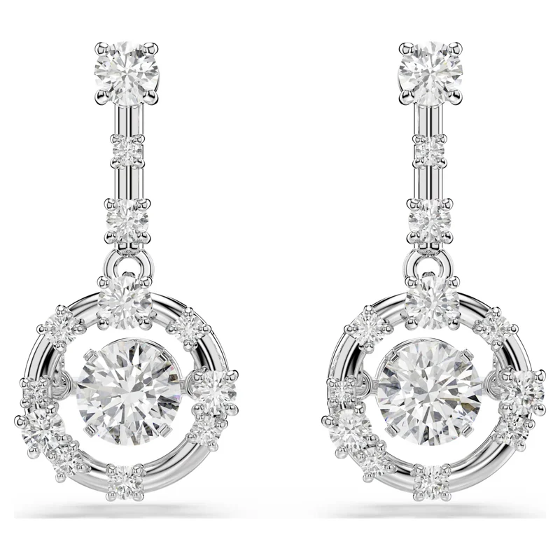 Constella Dancing Drop Earrings with Round-Cut White Crystal in Rhodium Silver