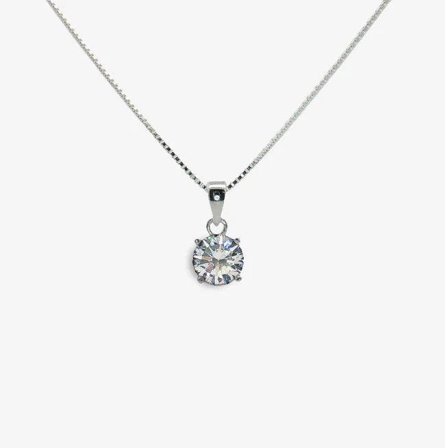 Silver & CZ Clear 6mm Pendant Necklace