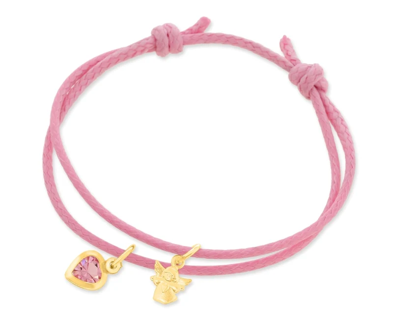 BAUWOLLARMBAND MIT ZIEHKNOTEN, ARMBAND FÜR KINDER, ENGEL HERZ VERGOLDET