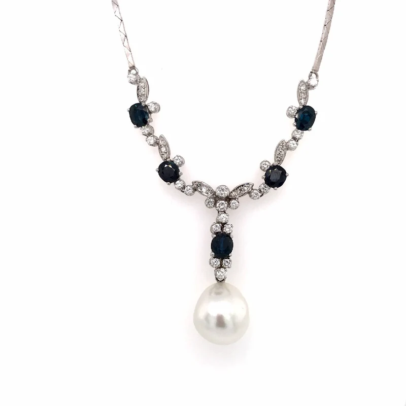 Exklusives Collier Weissgold 750 mit Perle, Safiren, Diamanten & Brillanten