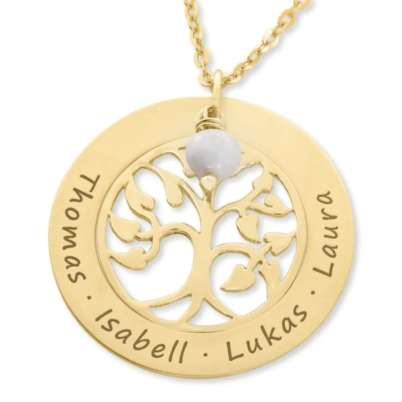 NAMENSKETTE DAMEN GOLD DAMENSCHMUCK MIT NAMEN LEBENSBAUM GEBURT GESCHENK MAMA OMA