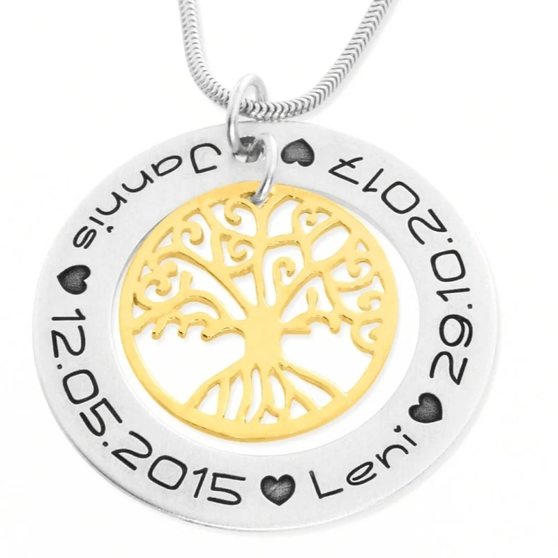 NAMENSKETTE 925 SILBER GOLD FAMILIEN SCHMUCK LEBENSBAUM BICOLOR HALSKETTE DAMEN
